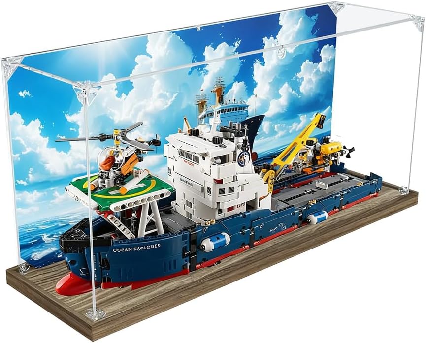 Acrylic Display Case for Lego 42064 Ocean Explorer Ship Building Toy, Transparent Dustproof Box 22.8x6.3x10.6in, 3mm Thick Acrylic Cover with 20mm Brushed Base, Snap-On Connectors