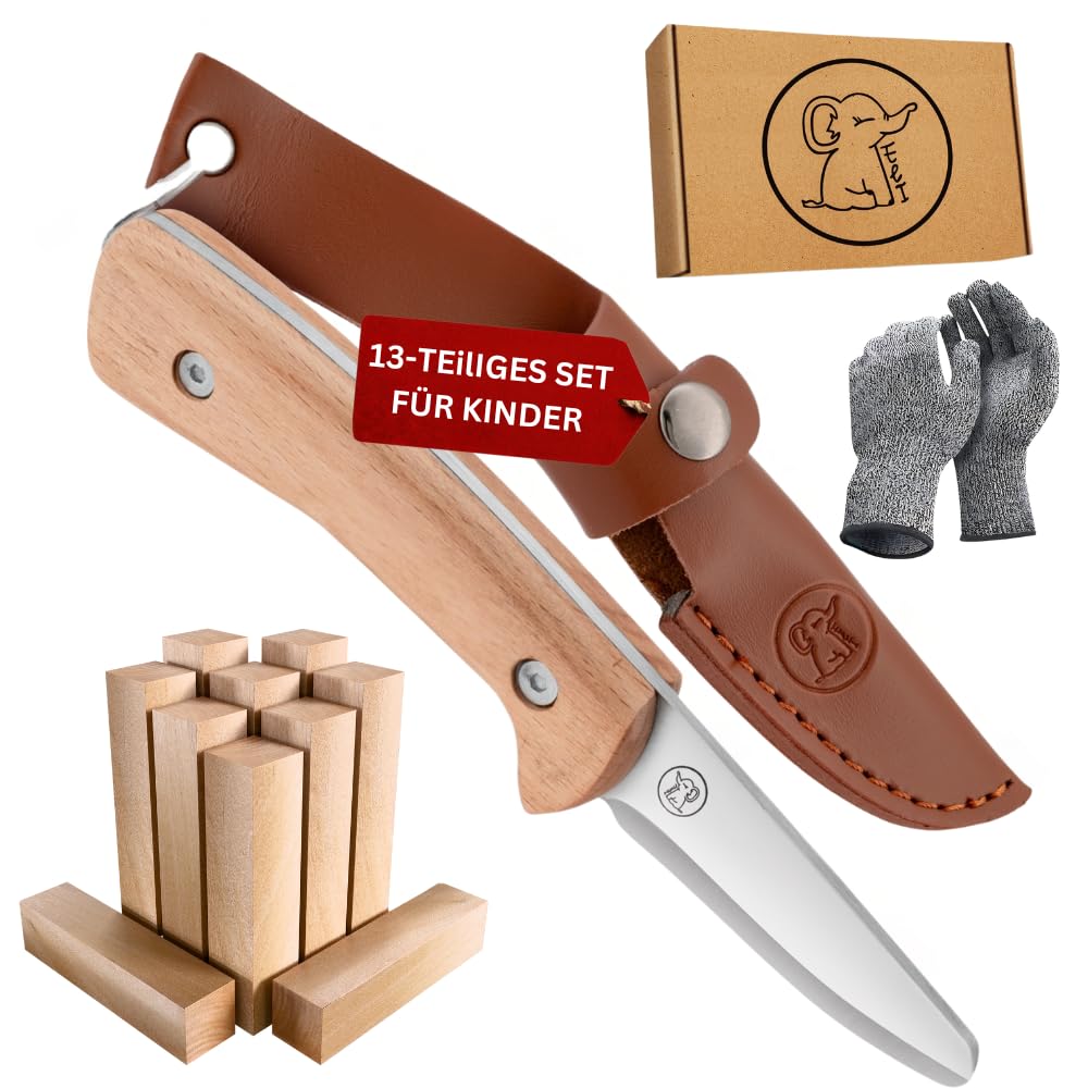 Eli® Schnitzmesser für Kinder mit Schnitzholz und Ledertasche ab 8 Jahre - hochwertiges Kindermesser Schnitzset inkl. schnittfeste Handschuhe - Kinderschnitzmesser - Schnitzwerkzeug - Outdoor Messer