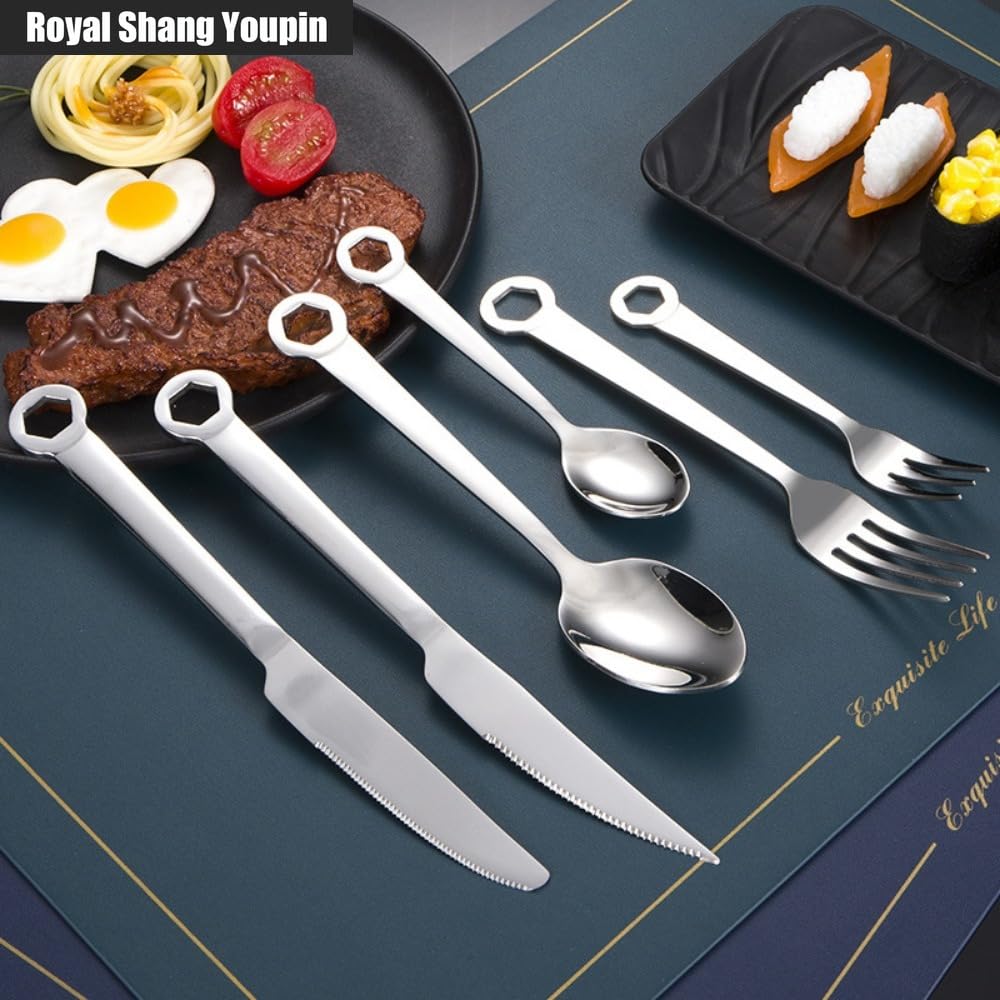 Unico Manico Della Chiave Da Cucina in Acciaio Inox Argenteria Stoviglie Posate Set Di Bistecca Coltello Forchetta Cucchiaio Cucchiaino Tè (A,24 pezzi)