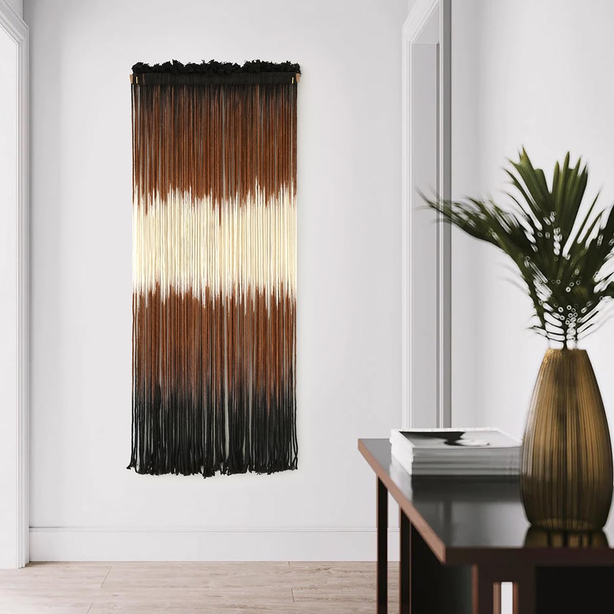 Tapiz de macramé para colgar en la pared, color marrón, bohemio, tejido a mano, con borlas, arte de pared para sala de estar, dormitorio, arte de fibra de 15 pulgadas de ancho x 43 pulgadas de largo 5