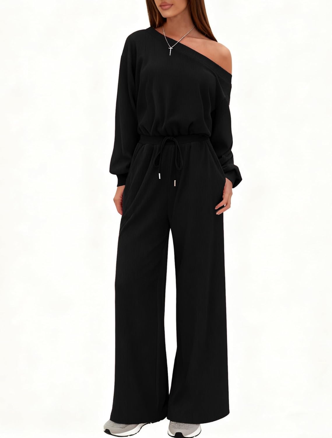 chicyes Women's Jumpsuits Dressy Long Sleeve One Shoulder Wide Leg Pants Romper Casual Fall Vacation Travel Winter Outfits - Image 2