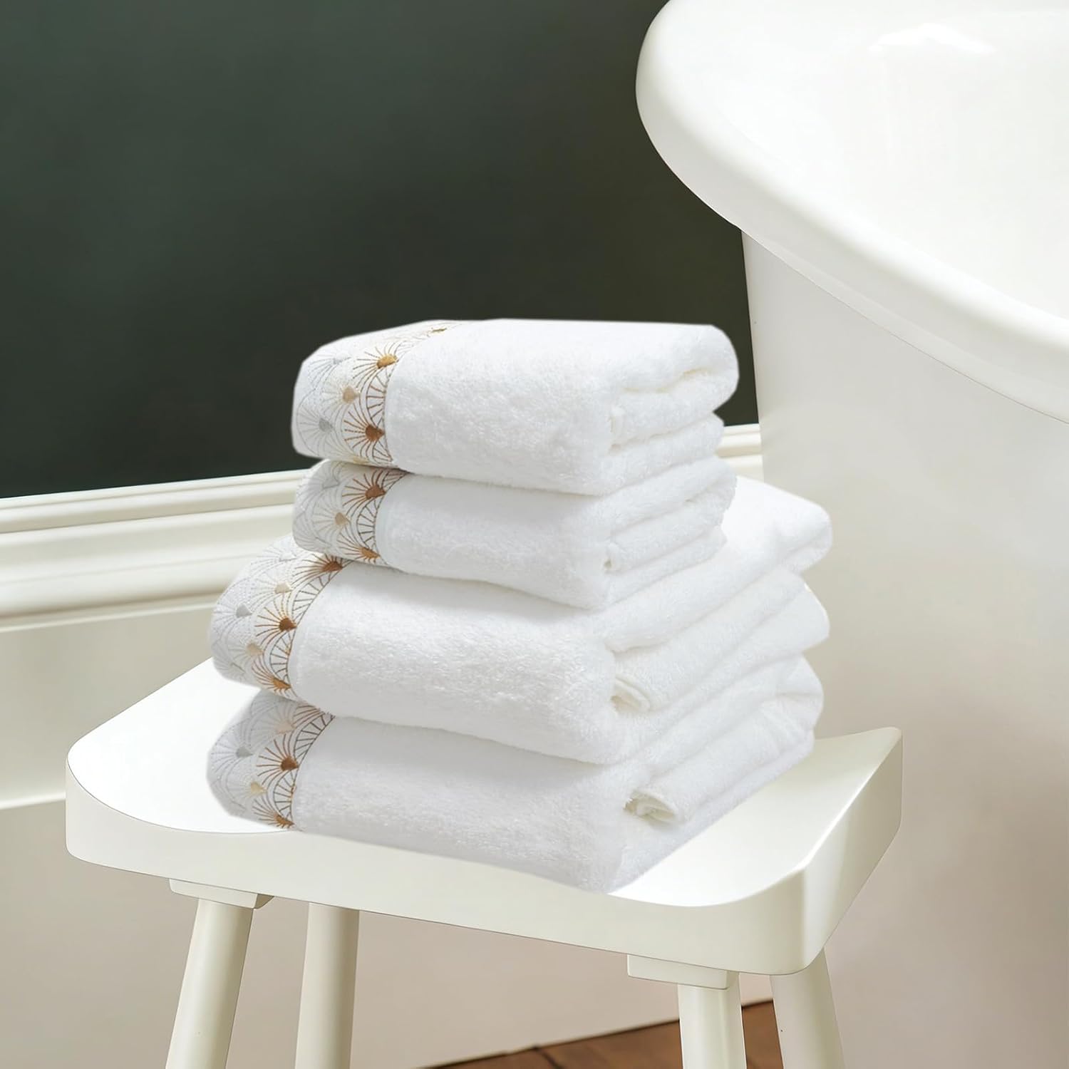 4-Piece Bath Towels Set 100% Cotton Embroidered Towels Set Super Soft Highly Absorbent Decorative Bathroom Towel Suitable for Home Spa Shower Gym, 2 Bath Towels+ 2 Hand Towels