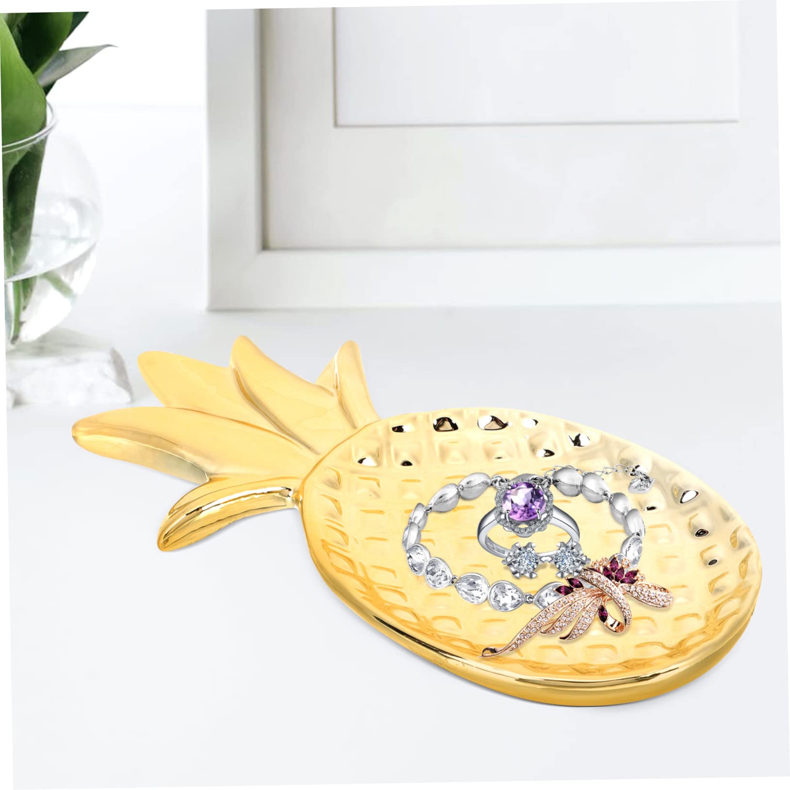 Amosfun Goldene Keramik Schmuckschale als Ablage für Ohrringe, Ananasform