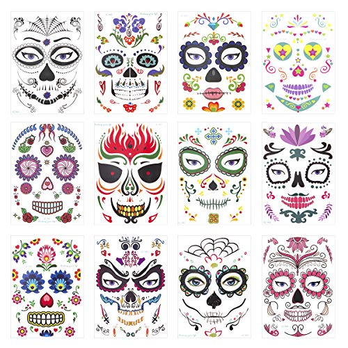 Mewtogo 12Pcs Halloween Sugar Skull Temporary Face Tattoo- Day of The Dead Sugar Skull Floral Black Web Red Roses Full Face Mask Tattoos for Kids Adult Halloween Masquerade Party Favors Supplies