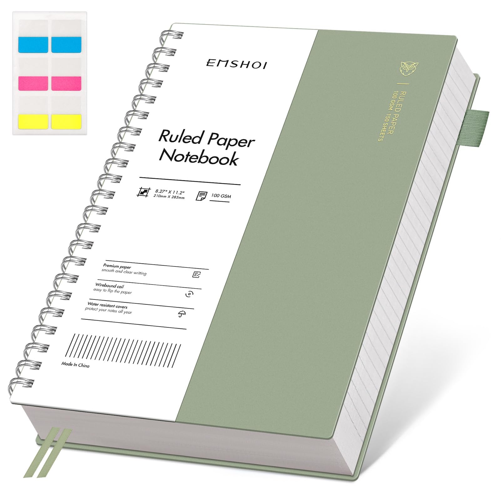 EMSHOI A4 Notebook College Ruled, Spiral Notepad 150 Sheets/300 Pages, 100gsm, PVC Cover, Sticky Notes, Pocket, Pen Loop, Ruler, Bookmark, Lined Journal for Writing, 21x28.5cm, Sage Green