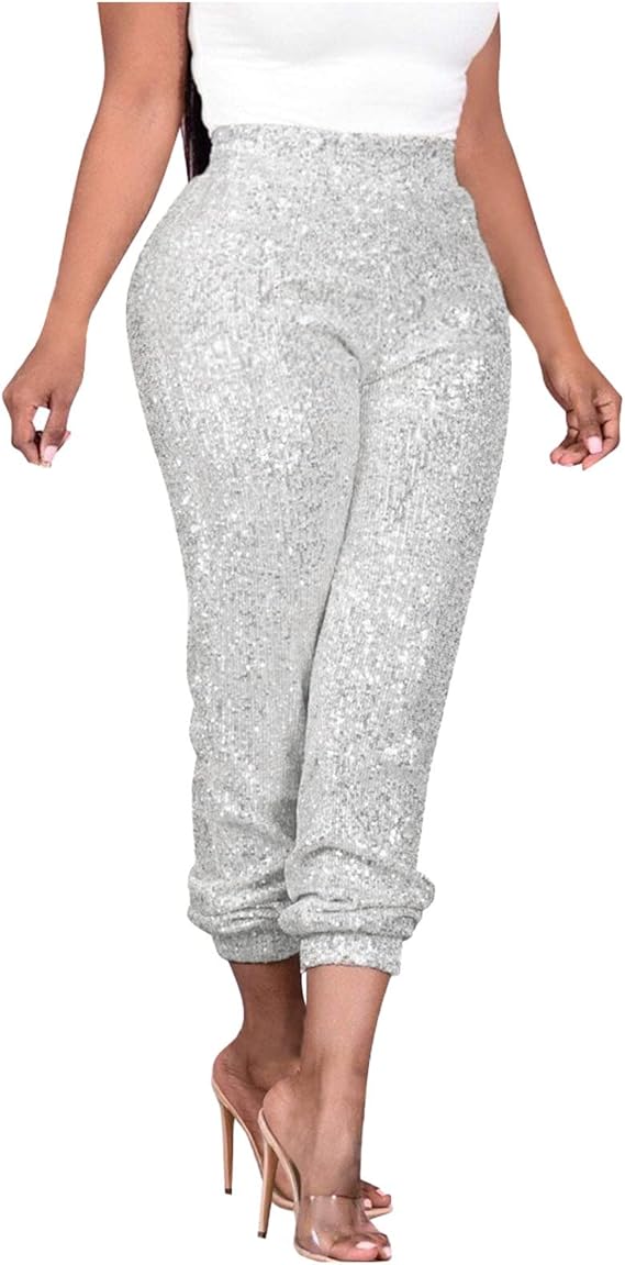 mmknlrm Women Sexy Glitter Sequin Pants High Waist Leggings Evening Party  Clubwear High-Waisted Leggings Casual Pants, Silver, X-Large : Amazon.ca:  Mode