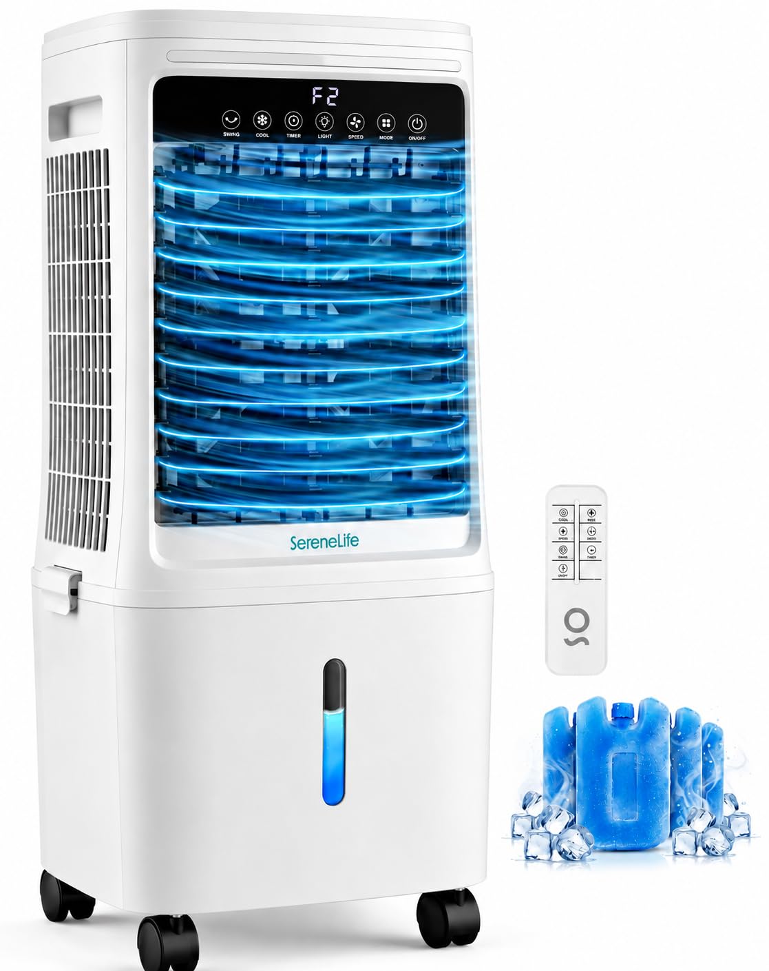SereneLife Klimaanlage ohne Abluftschlauch, 25L Verdunstungsluftkühler für Große Räume, 1700 CFM, Kühlakku-Funktion, Timer Abnehmbarer Wassertank 80W, 60/120°Oszillation, Leise mit Rollen