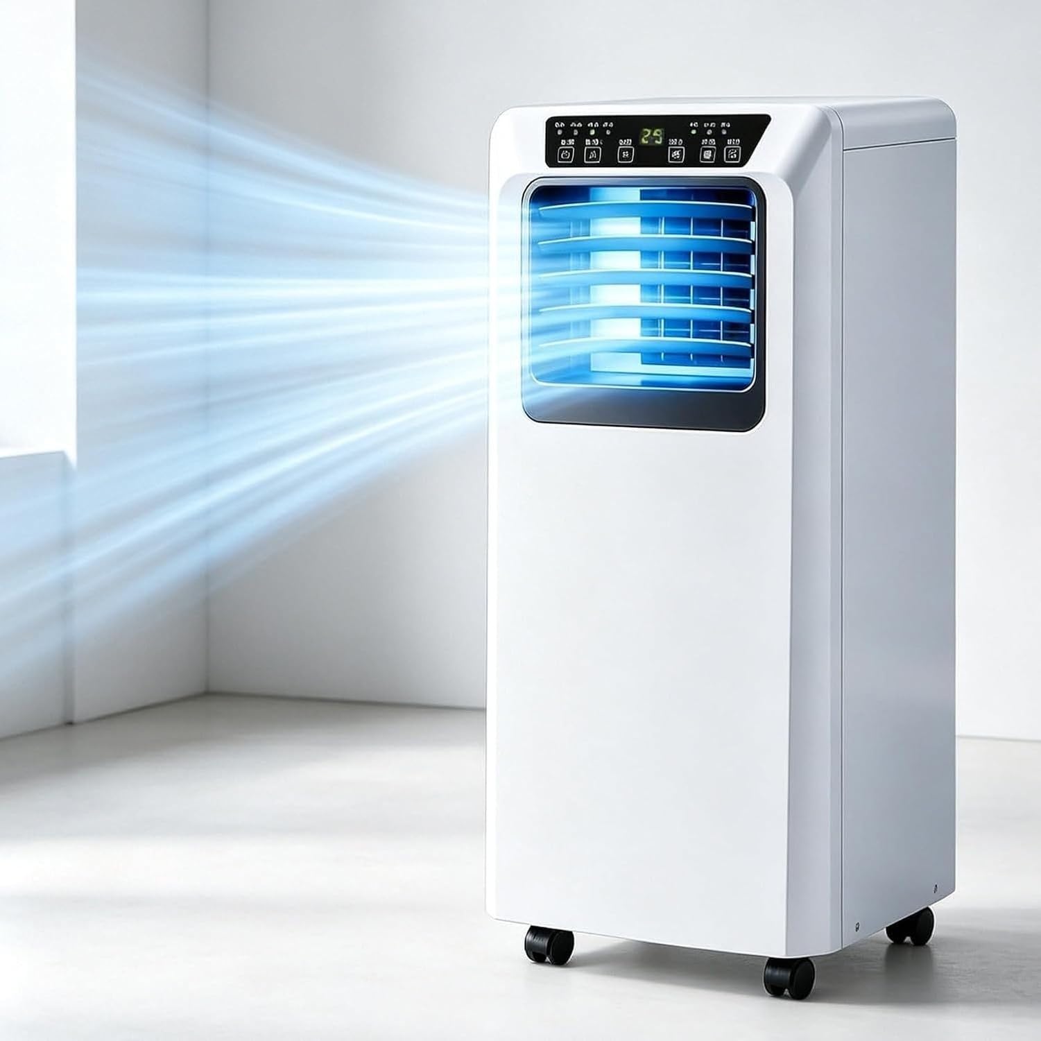 Tragbare Klimaanlage 9000 BTU mit Fernbedienung und Timer 24 h, Lüfter mit Luftentfeuchter 7000 BTU, 3-in-1-Einheit mit LED-Touch-Panel und Rollen, 9000 BTU, 9000 BTU