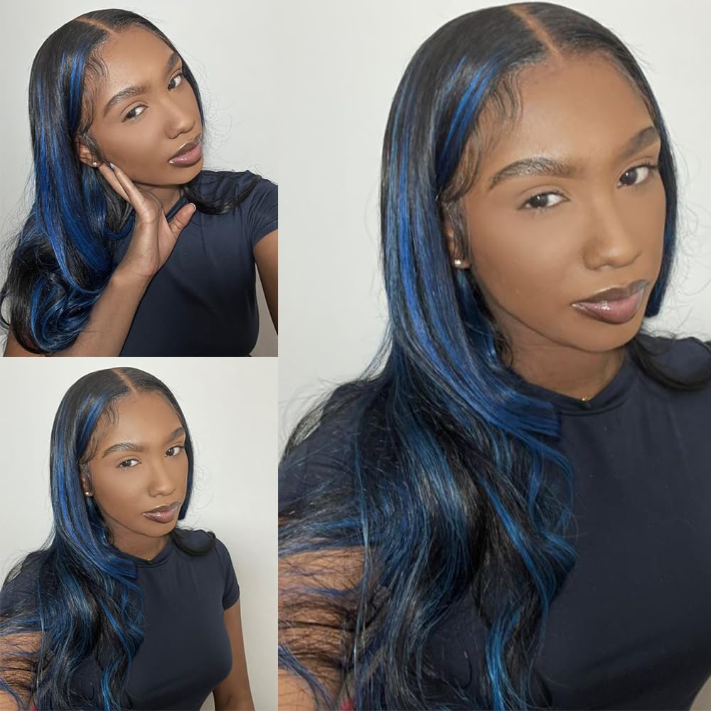 MACA BAKA Highlight Blue Long Straight Synthetic Lace Front Wig Glueless Colored Skunk Stripe Blue Mixed Black 13x4 Lace Front Wigs for Women Pre Plucked with Baby Hair 24 Inches 150 Density