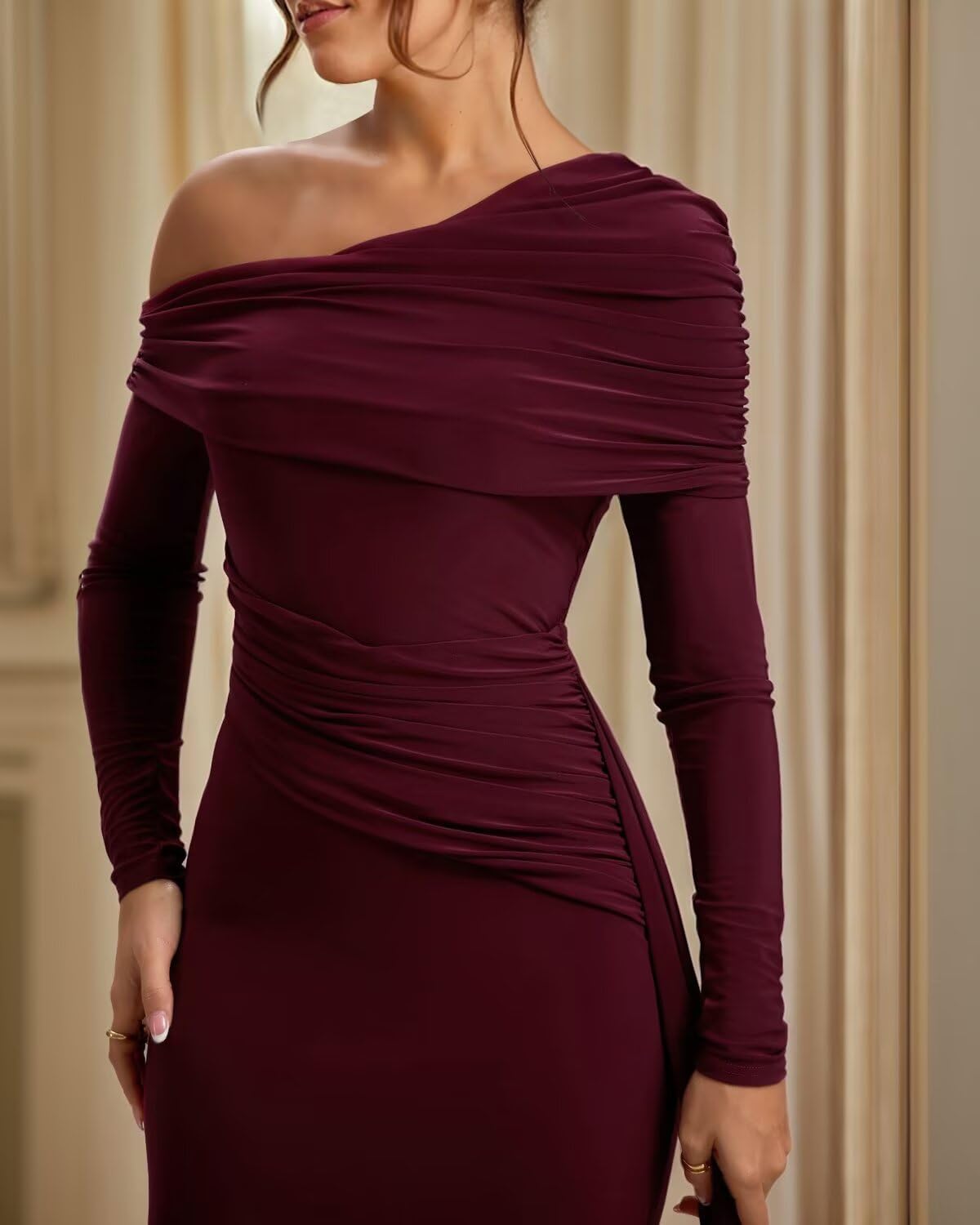 Jamille Women's One Shoulder Formal Dress Satin Mermaid Prom Dresses Long Sleeve Ruched Evening Gown with Cape JA0224