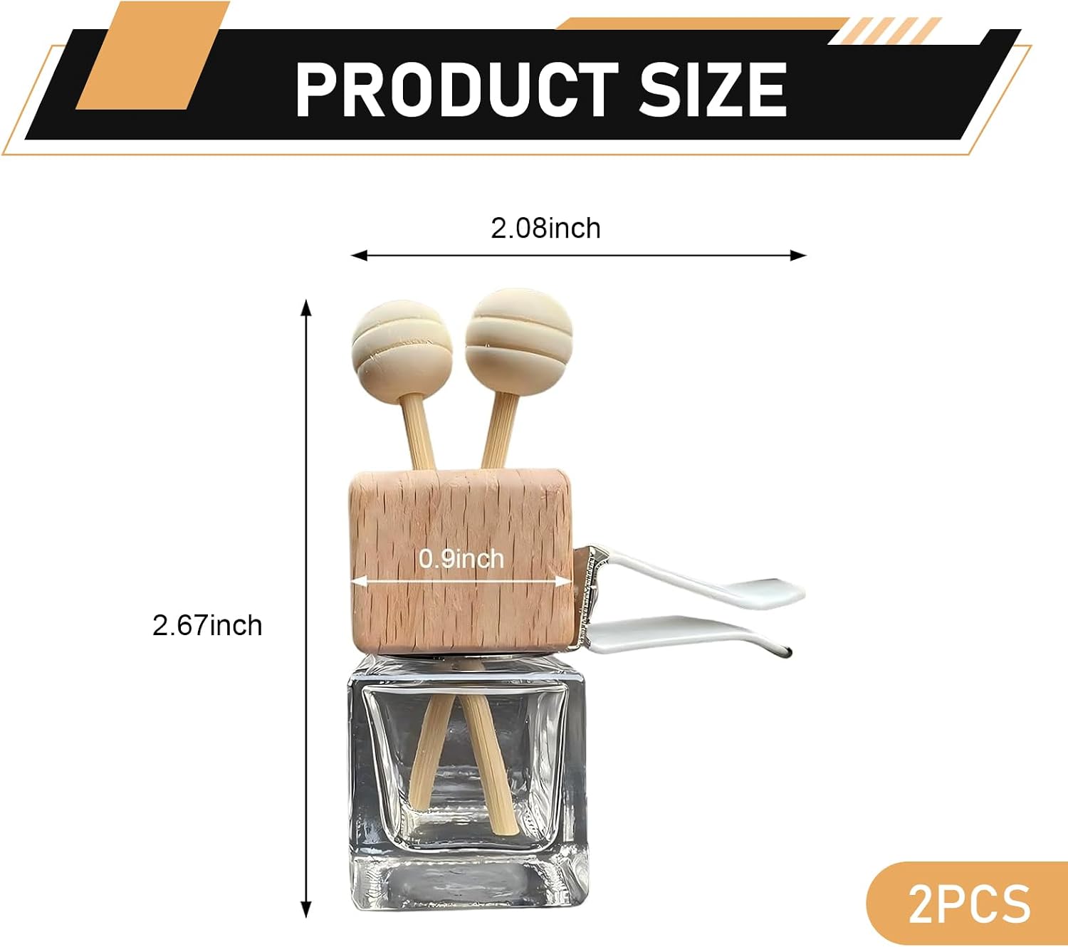 2 PCS Car Vent Diffuser Clips, Refillable Straight Air Outlet Diffuser, Empty Glass Bottles with Natural Wood-grain Cap, Anti-shake Decorative Accessory for Cars (Transparent)