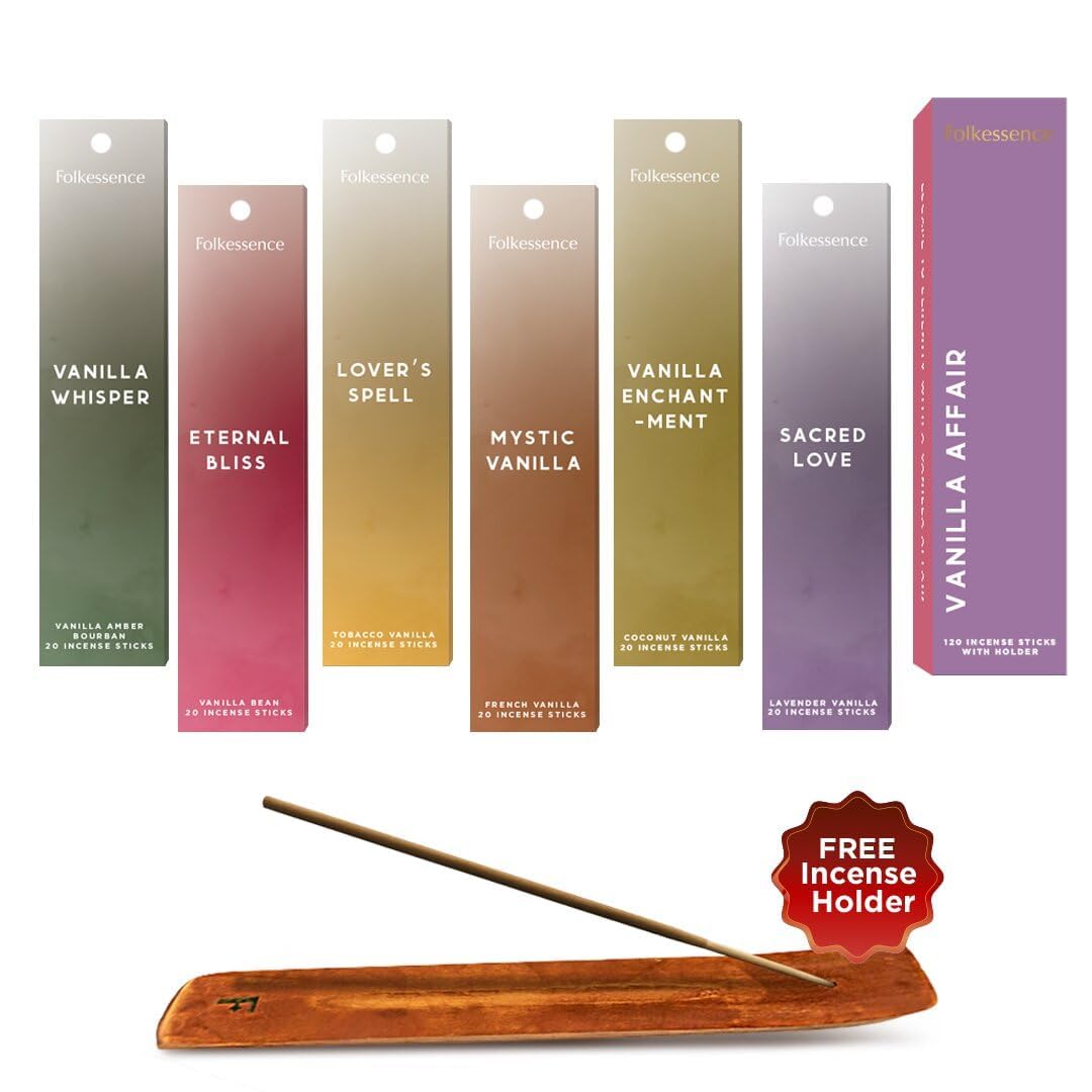 Folkulture Vanilla Affair Incense Sticks With Holder (120 Sticks) | Set Of 6 Incense Sticks For Aromatherapy, Focus | No Charcoal, Organic, Non Toxic, 45 Mins, Long Burning Vanilla, Coconut, Lavender Insence-Sticks