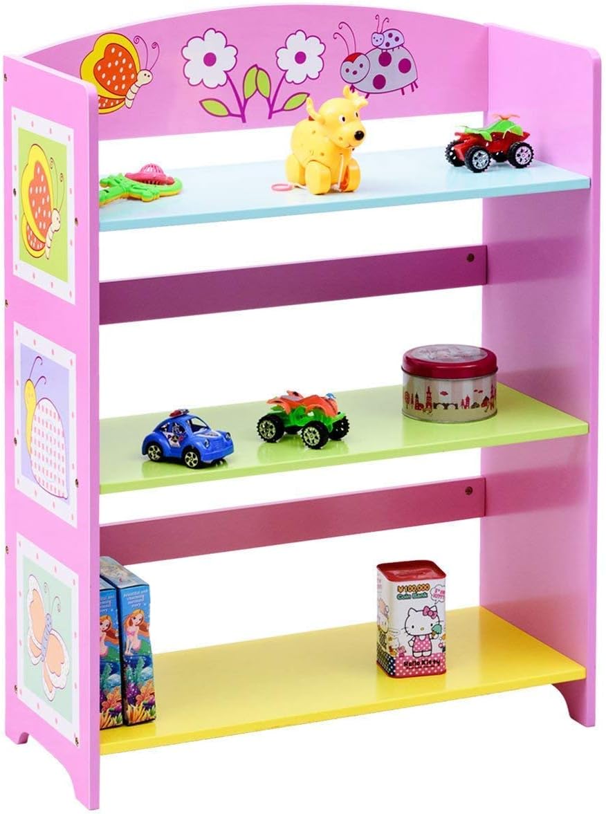 Costzon Kids Bookshelf, 3-Tier Butterfly Book Rack, Adorable Corner Book Organizer, Pink