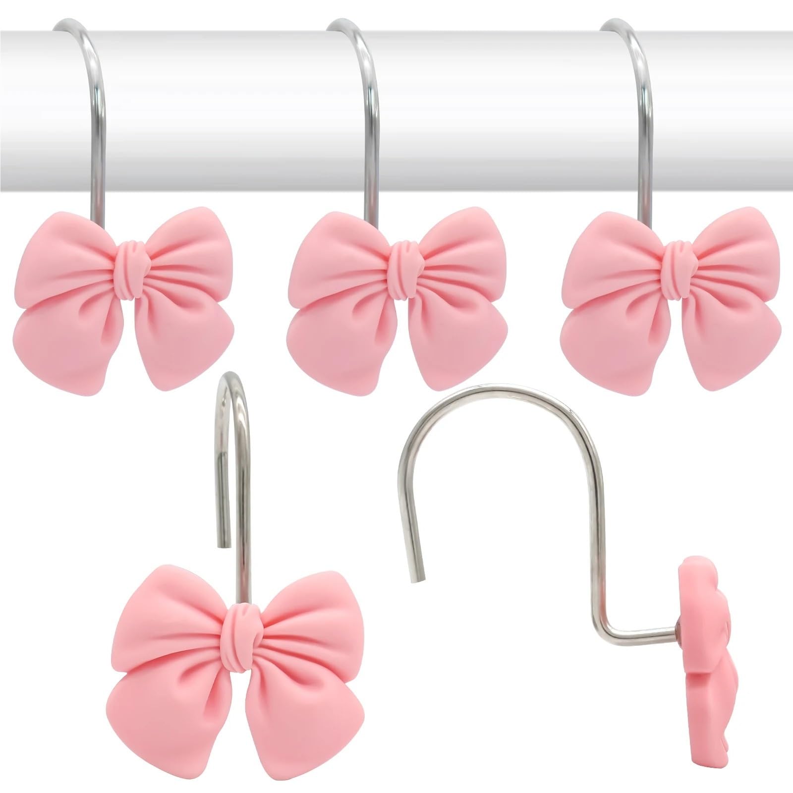 Shower Curtain Hooks 12pcs Lovely Pink Blue Bow Shower Curtain Hooks Rust Proof Decorative Rings For Bathroom Room(Pink)
