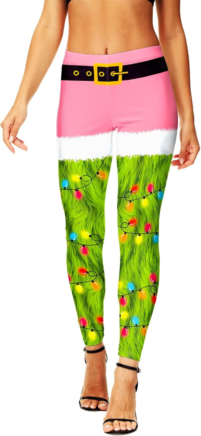 AOBUTE Ugly Christmas Leggings for Women Funny Pink Santa Costume Pants Fitness Elastic Xmas Tights Bottom L