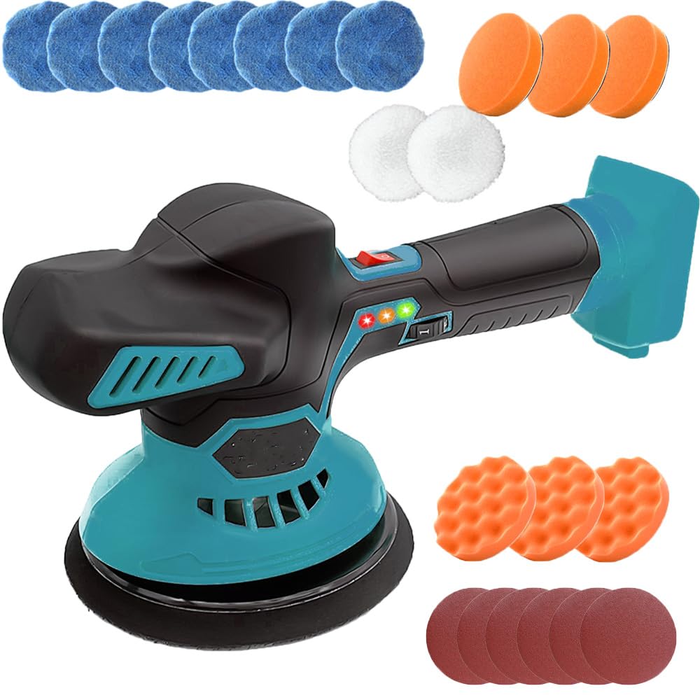 Akku Poliermaschine, Ersatz für Makita, 18V Exzenter Autopoliermaschinen, 6 Variable Geschwindigkeit, Polier Random Orbit 8mm, Akku Polieren für Auto, 145mm Polierteller, 24x Polieraufsatz(Ohne Akkus)
