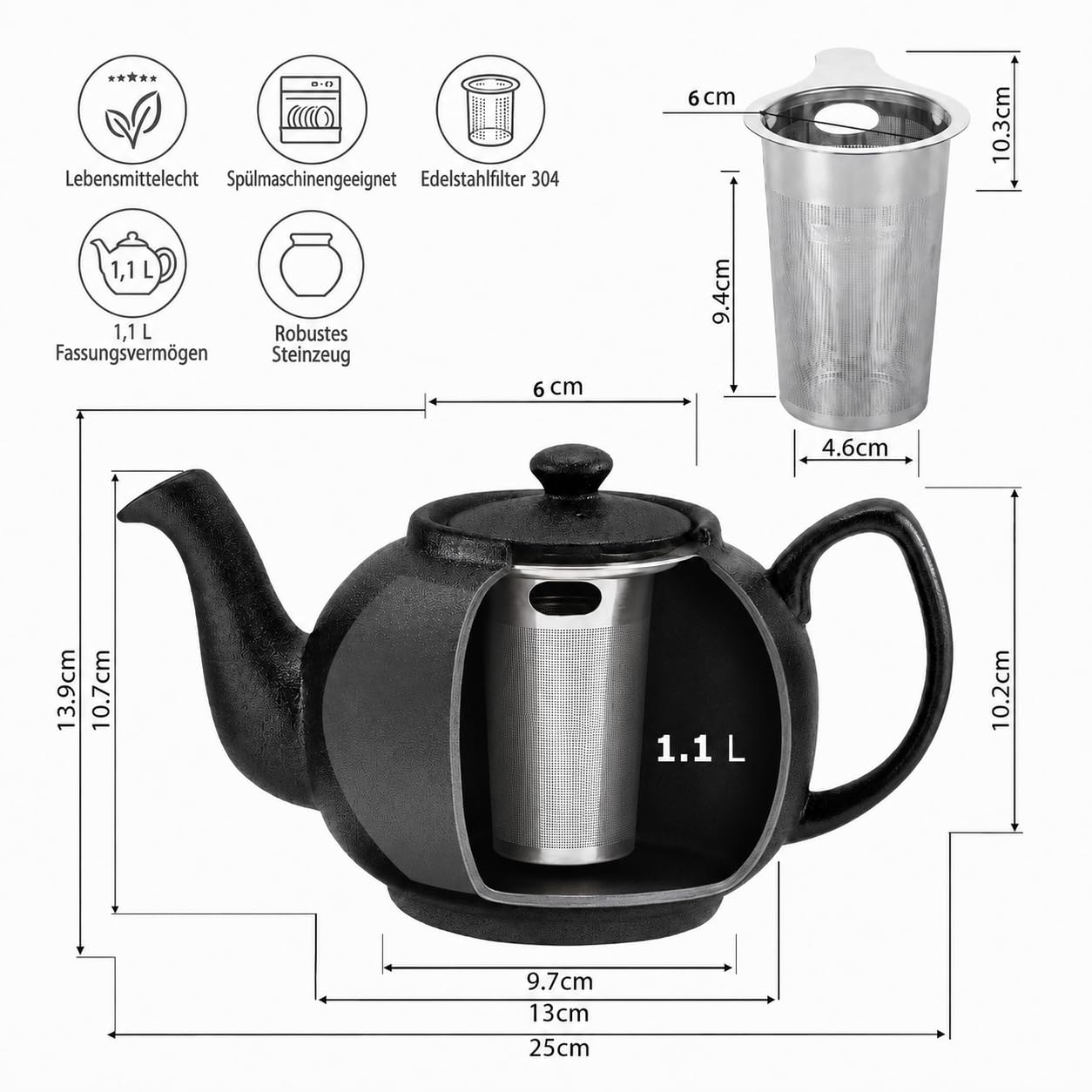 Urban Lifestyle Teekanne mit Siebeinsatz, Keramik Teekanne 1,1 L Schwarz mit Edelstahl Teefilter 304, extra fein, Teapot für losen Tee und Teebeutel, tropffrei, spülmaschinenfest