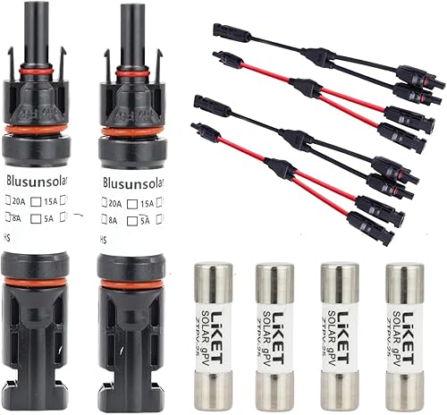 2 pares4 conectores de rama en Y, en par MMF+FFM para conexión paralela + 2 pares de portafusibles solares en línea impermeable de 15 A con fusible