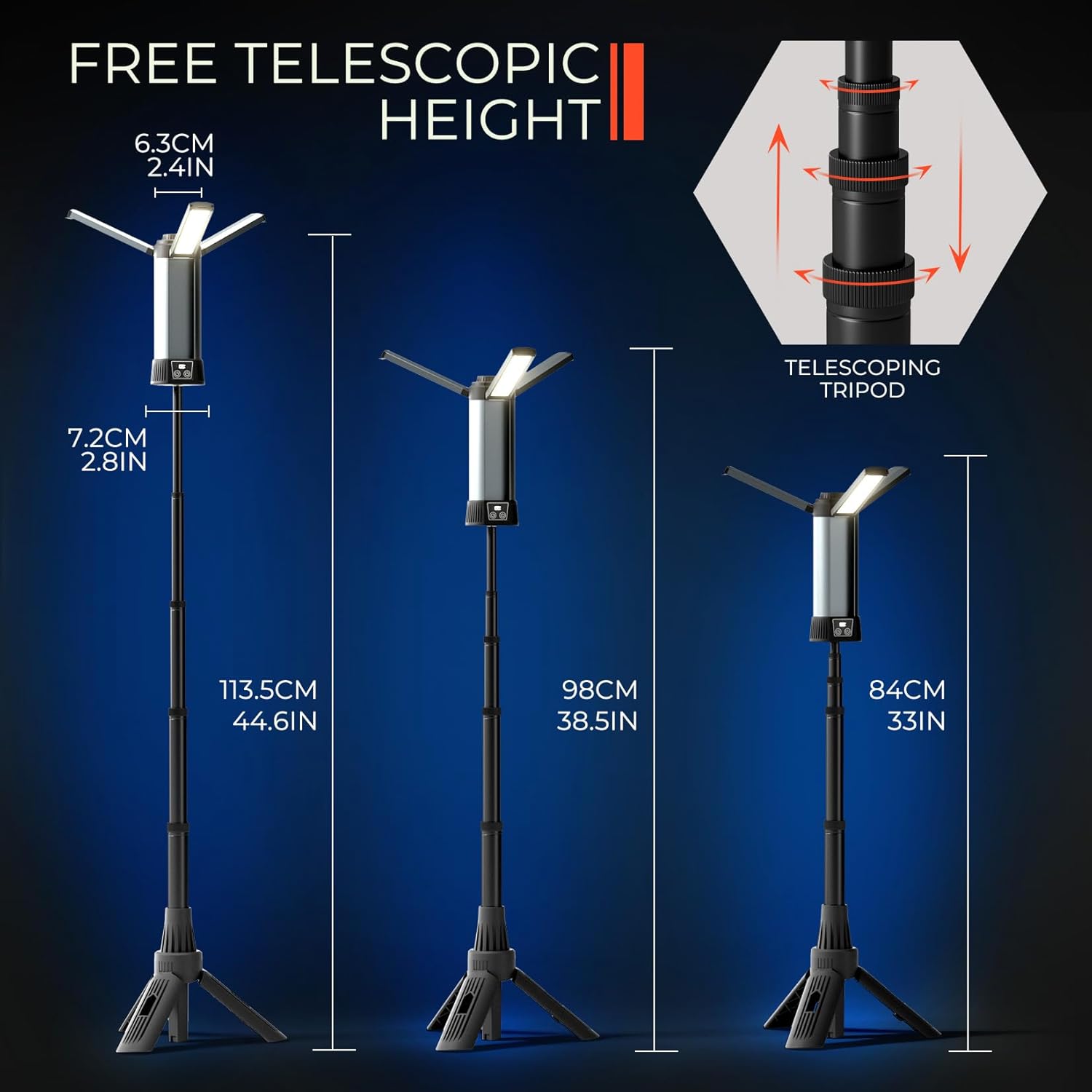 Rechargeable LED Work Light with Stand - Cordless Work Lights Kit 3 Page Head,500/1000/2000 Lumen 3500/6500K Dimmable 6AH Camping Light with Detachable Tripod,Hooks and Carrying Bag