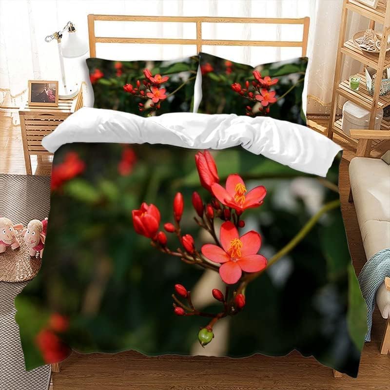 Imprimé 3D Fleurs Rouges Housse de Couette 140x200 en Microfibre Douce