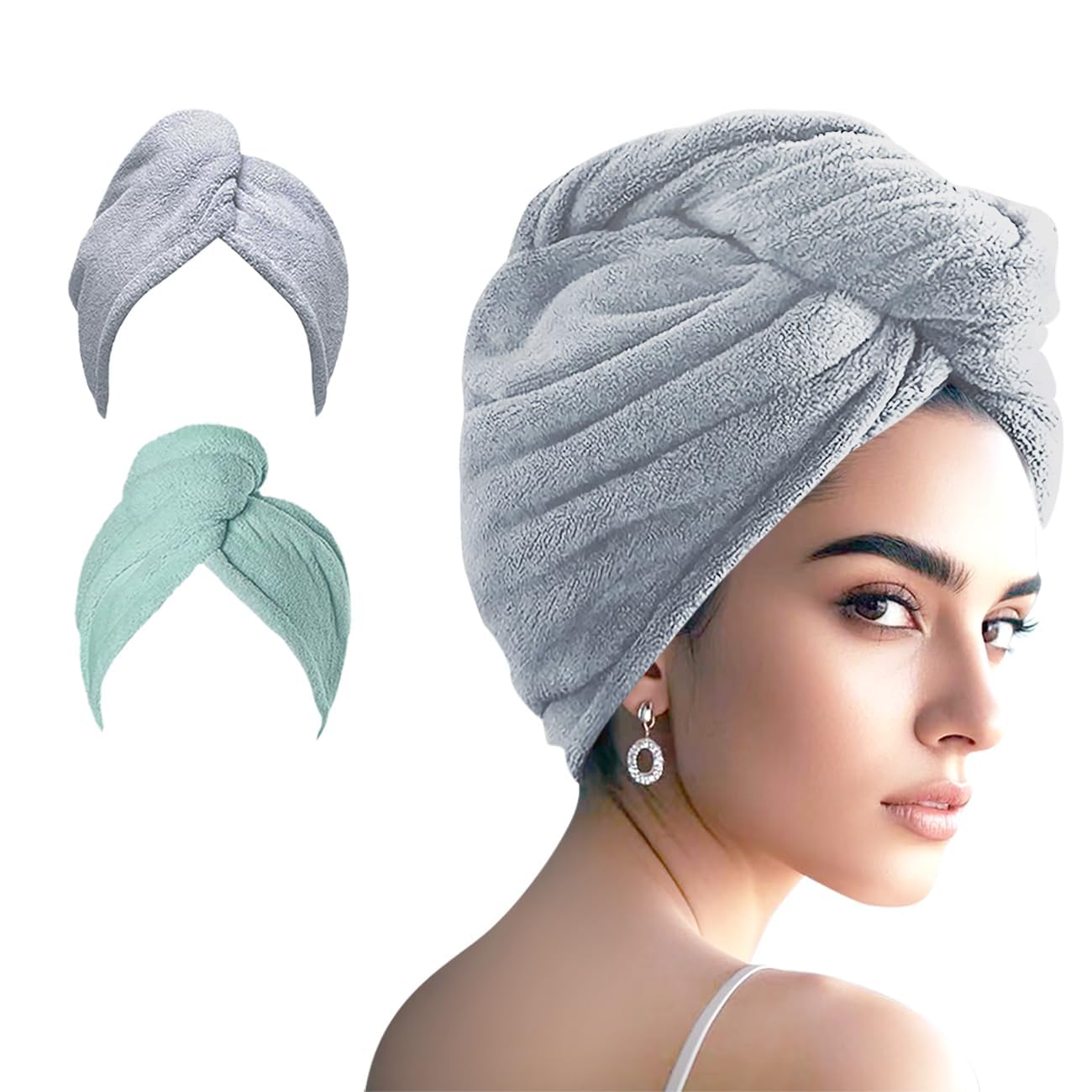 AGKXHDEC Microfiber Hair Drying Towel Wrap for Women, Hair Turbans Towel for Wet Hair,turbie Twist Hair Towels(The Color of the Picture is for Reference only) (Gray,Light Green)