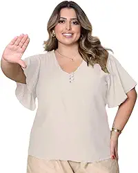Blusa Social Plus Size Feminina Manga Curta Godê Decote V com Botões G1 G2 G3 Camisa Elegante