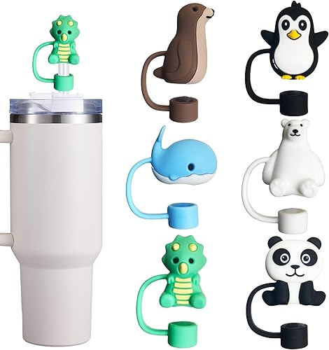 Miniatura 11 de 6 tapas de paja para copa Stanley, cubierta de paja de silicona de animales marinos para vaso Stanley de 30 y 40 onzas con asa, tapas de puntas