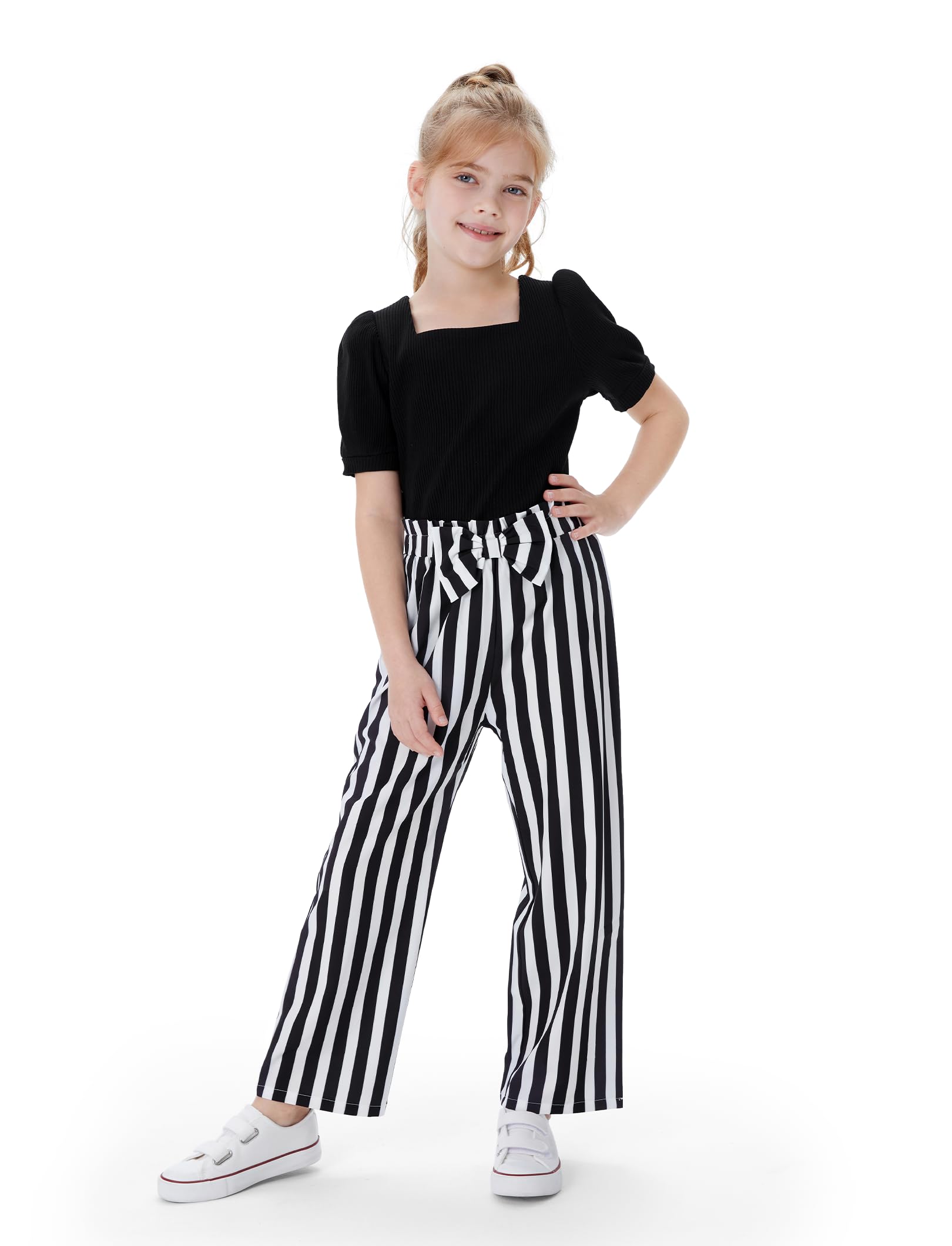 Baby Girls Clothing Set Rectangular cuff blow short sleeve striped Pants Kids Spring Casual Fashion T-shirt Girl Clothing Set Pants 3-12 summer