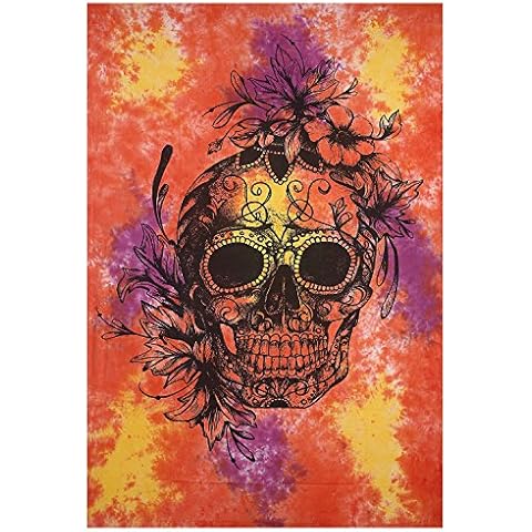 Gokul Handloom Skull Designs Cotton Hippy Indian Mandala Wall Hanging Bohemian Throw Decor Bedspread Tapestries 3D Mindful Skull Tapestry Beach Sheet Hanging Magical Decor Cover