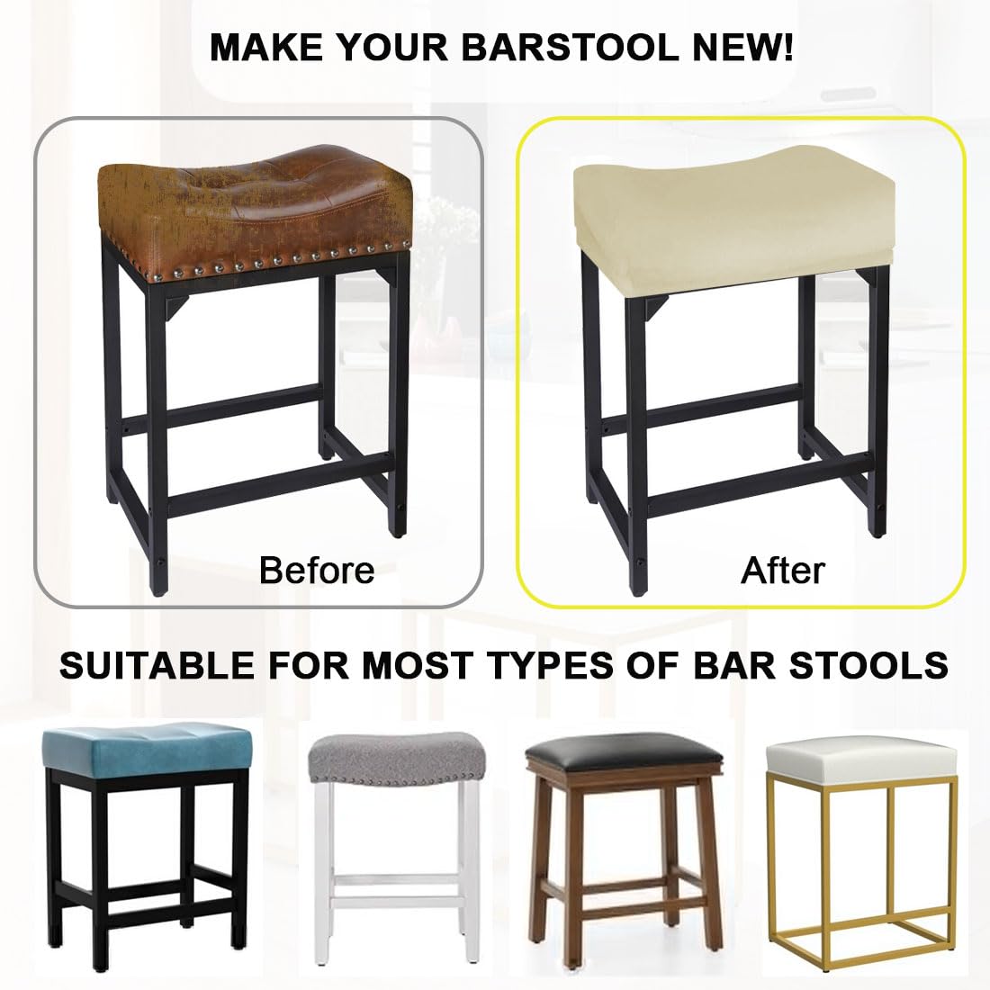 Levoberg 4 Housse De Tabouret De Bar Sans Dossier PU Imperméable Extensible - Noires Pour Chaise De Cuisine Rectangulaire