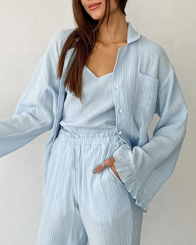 Womens Muslin Pajama Set Cotton Gauze Loungewear 3 Piece Long Sleeve Button Down Sleepwear Ruffle Pj Set - Image 2