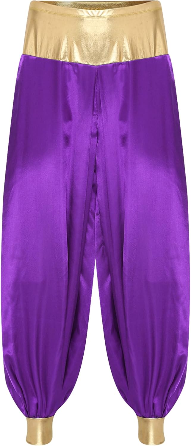 Men's Halloween Arabian Prince Costume Harem Pants Elastic Waistband Shiny Patchwork Trousers