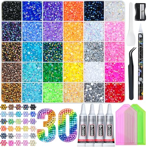 Resin Jelly Rhinestones Kit- 38400pcs 3mm DIY Bulk Resin Gems Set with 4 Glues Pickup Pen & Tweezers for Crafting Nail Art Tumblers Shoes and Clothing Embellishments (30 color)