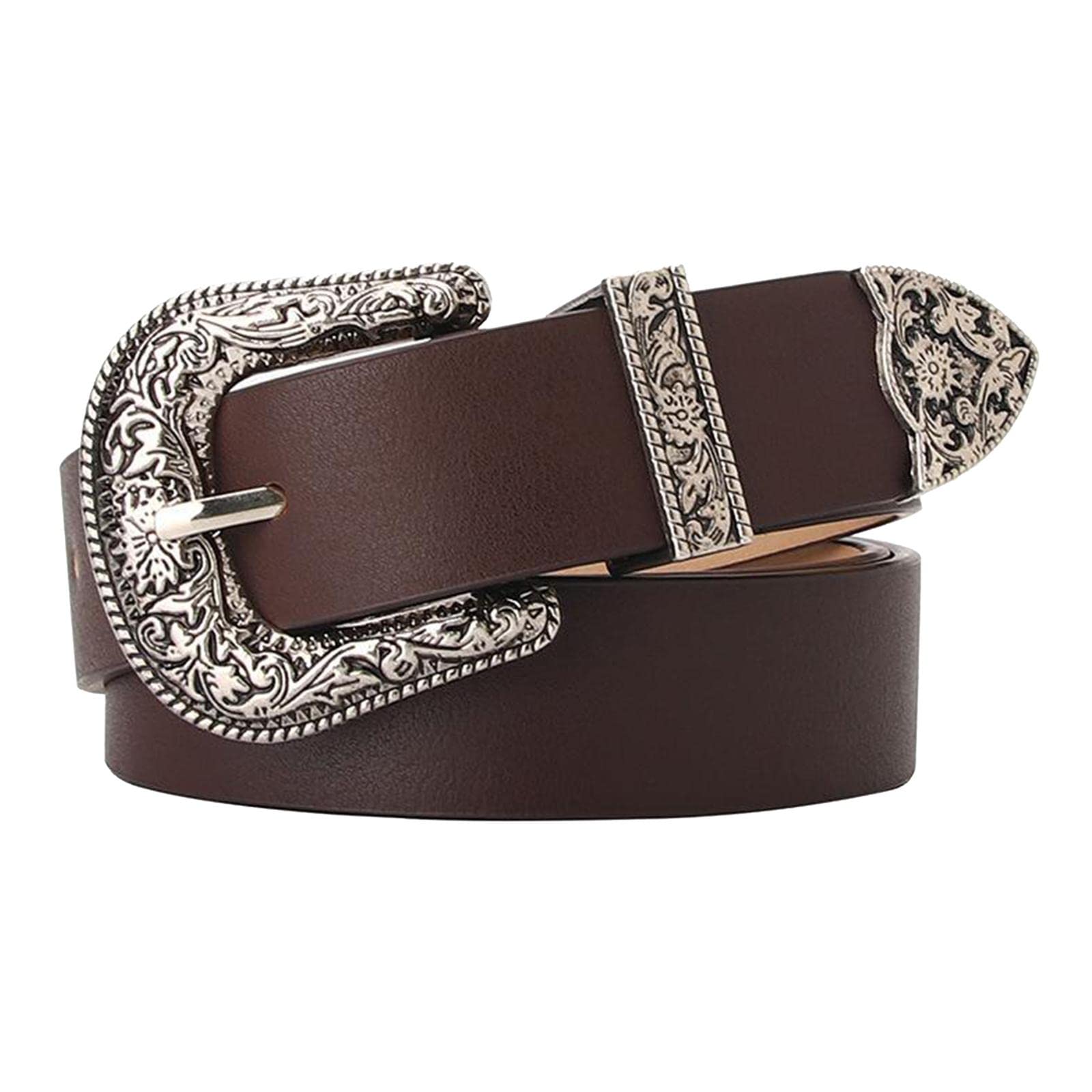 CLUB BOLLYWOOD® Fashion Solid Brown Faux Leather Belt with Carved Buckle for Women-image-11
