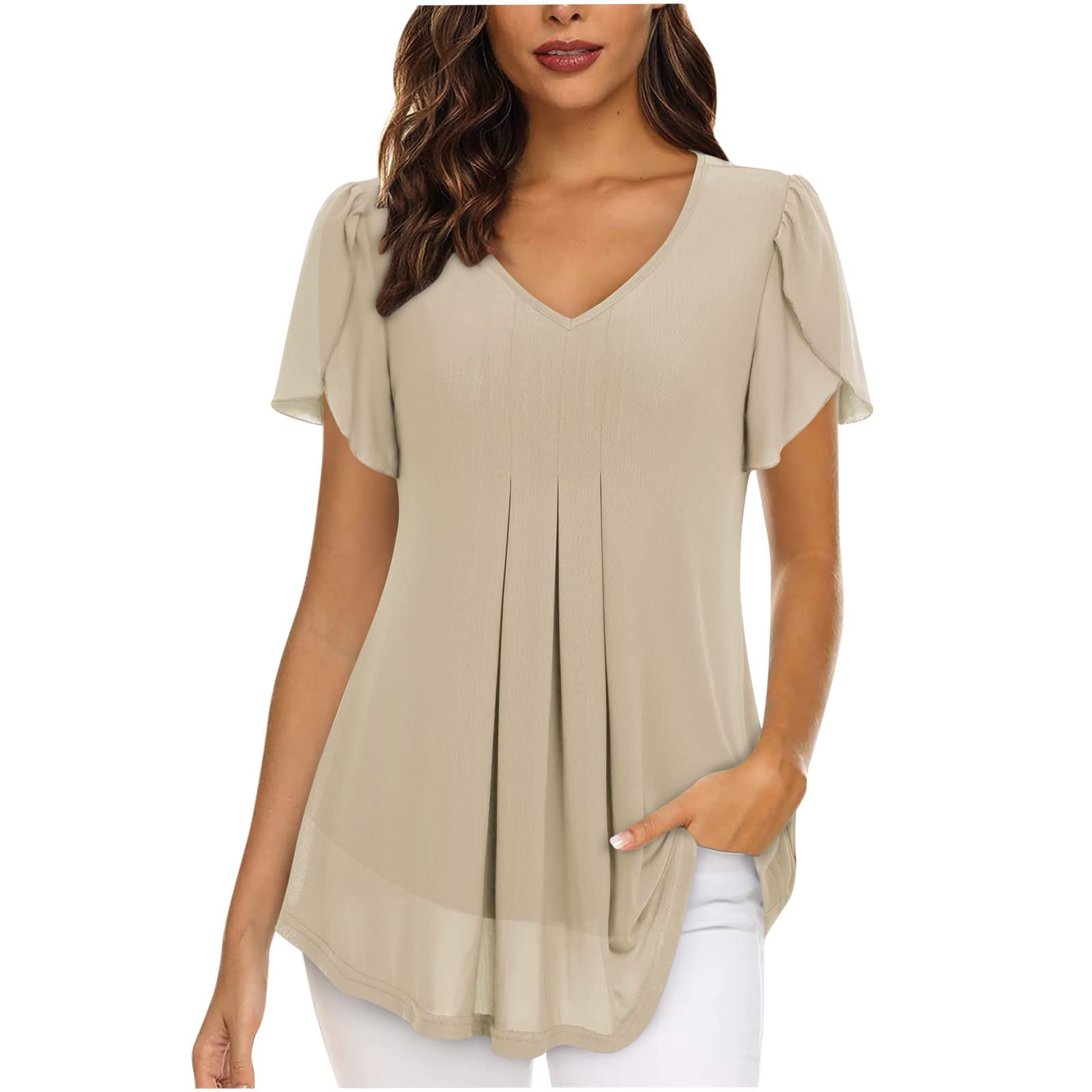 NUSGEAR Camiseta Manga Corta Mujer Verano 2023 Moda Gasa Color sólido Camisa Volantes Blusa Cuello en V Plisada Camiseta Elegant Suelto Basic Tops Casual Fiesta Cómodo T-Shirt Original tee Playa