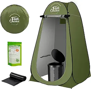 FUN ESSENTIALS Portable Toilet Kit For Adults, Pop Up Privacy Tent, X Large Camping Folding Toilet, 12 Toilet bags, 12 pack Liquid Waste Gel, Washable Foldable For Travel,RV,Outdoor