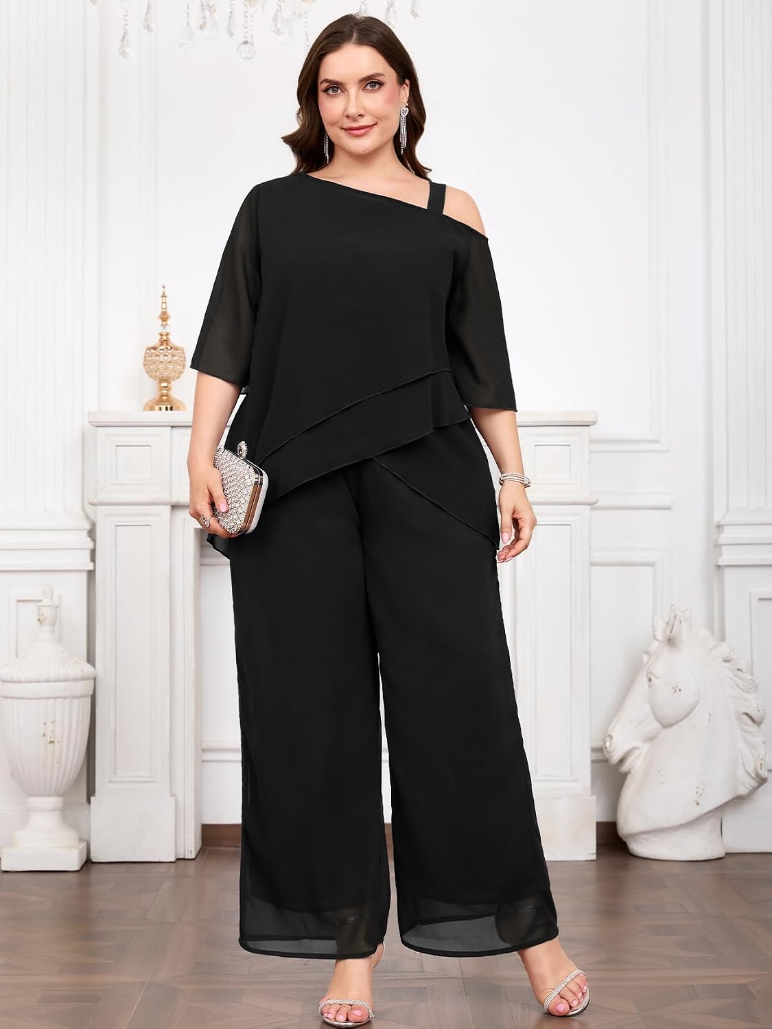 ZOMVA Plus Size Mother of Bride Pant Suits 2 Piece Chiffon Sets Asymmetric Cold Shoulder Wedding Guest Dressy Outfit