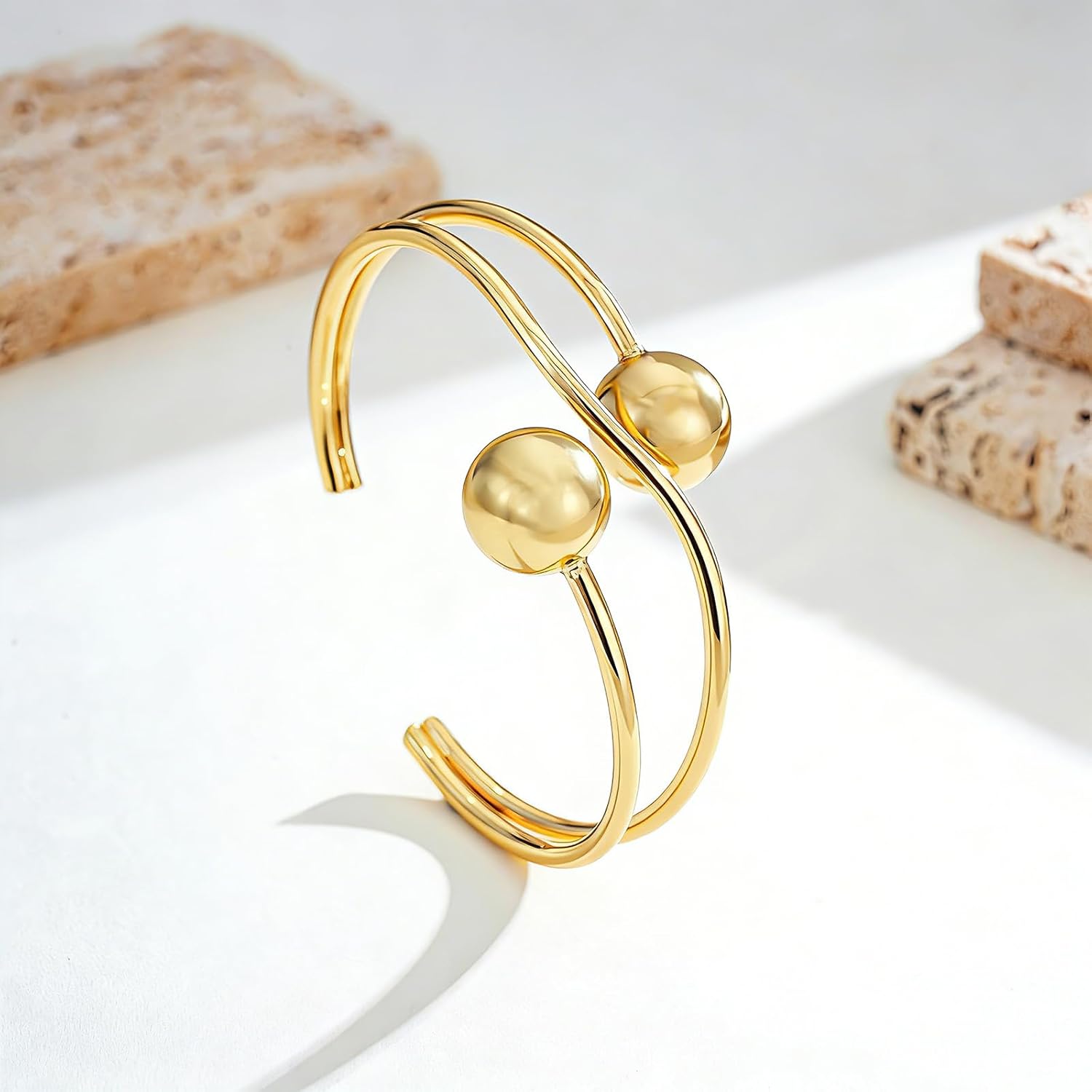 Cuff Bracelets for Women 18K Gold Plated Open Adjustable Ball Bangle Bracelet Wrist Cuff Minimalist Fashion Jewelry - Image 7