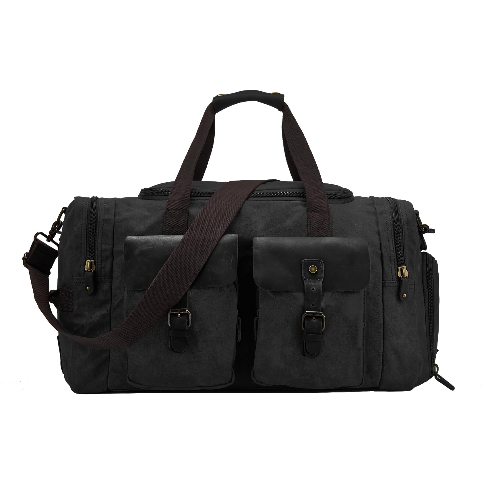 BRASS TACKS Leathercraft Waxed Canvas Vintage Overnight Duffel Weekend Travel Bag Waterproof For Men Women with Shoes Compartment (Black)