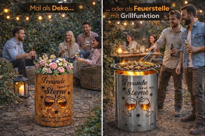 Feuertonne aus Stahl mit Spruch Freunde sind wie Sterne