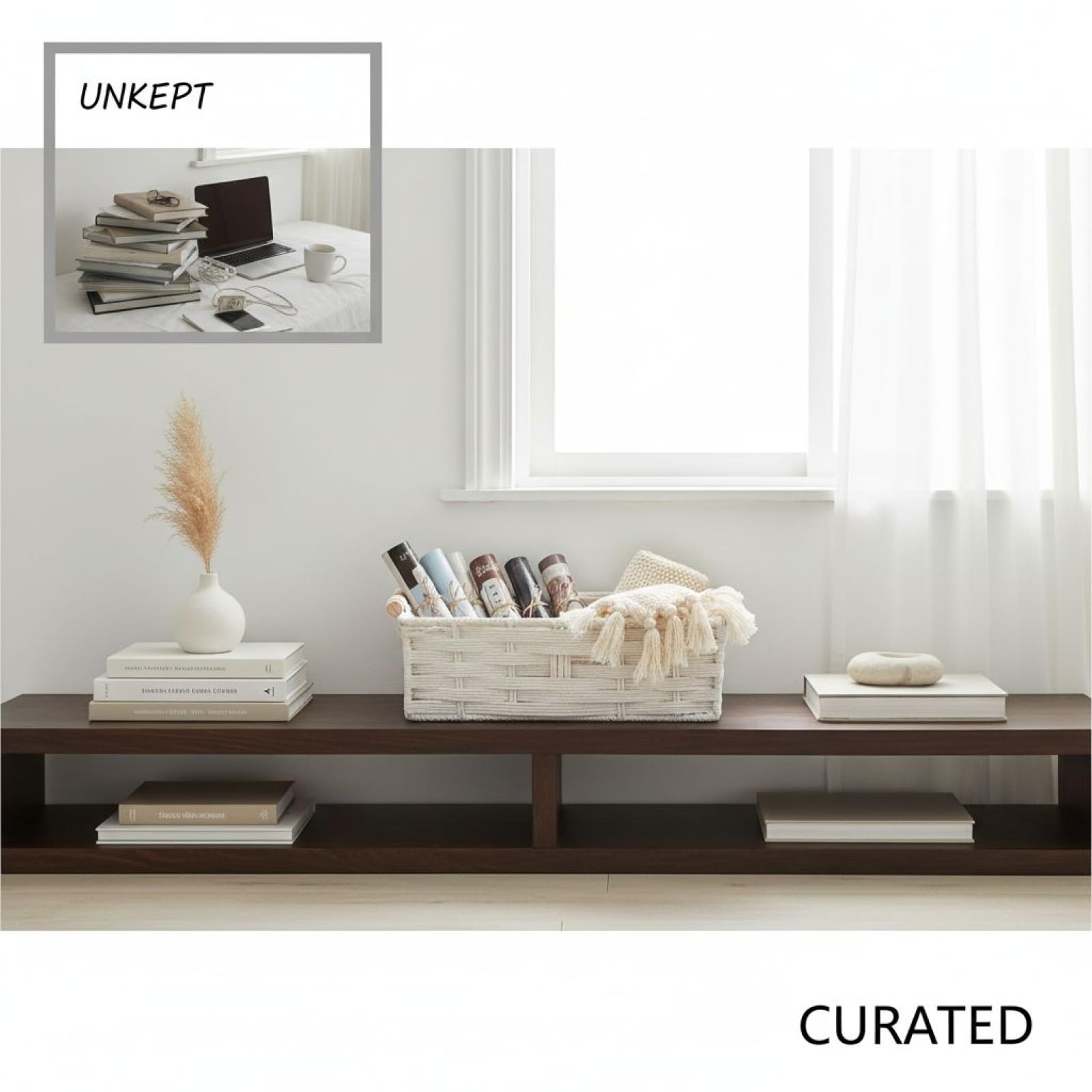 2 cestas decorativas bohemias de cuerda de algodón, contenedores de almacenamiento tejidos a mano con asas de madera, juego de cestas decorativas de papel higiénico, tamaño grande de 13.4 x