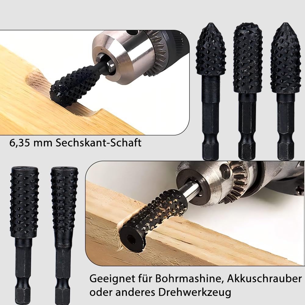 Bohr Raspel 5-teilig, Gratraspel 6mm 1/4 Zoll Schaft, Feile, Holzfräser