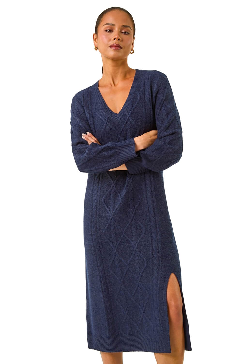 Roman Petite Women's Navy V-Neck Knit Midi Dress Size 16