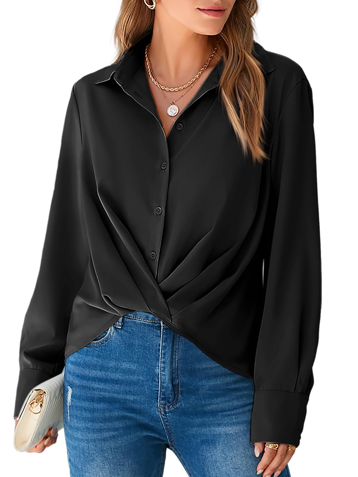 Cicy BellWomens Satin Silk Blouse Dressy Button Down Shirts Long Sleeve Twist Front Work Casual Tops