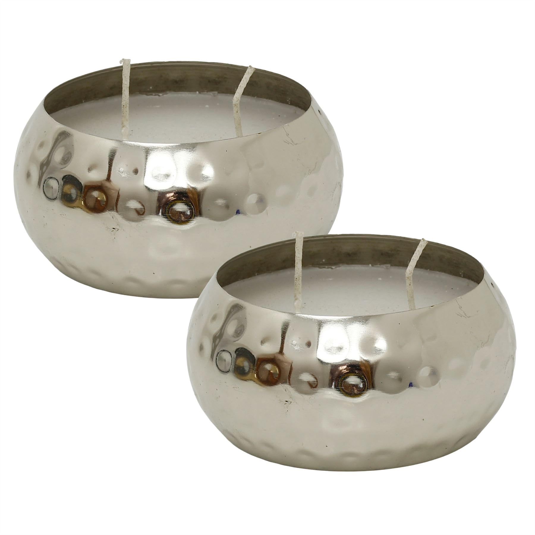 Set of 2 Hammered Two-Wick Silver Metal Holder Candles, Unscented, 10 cm