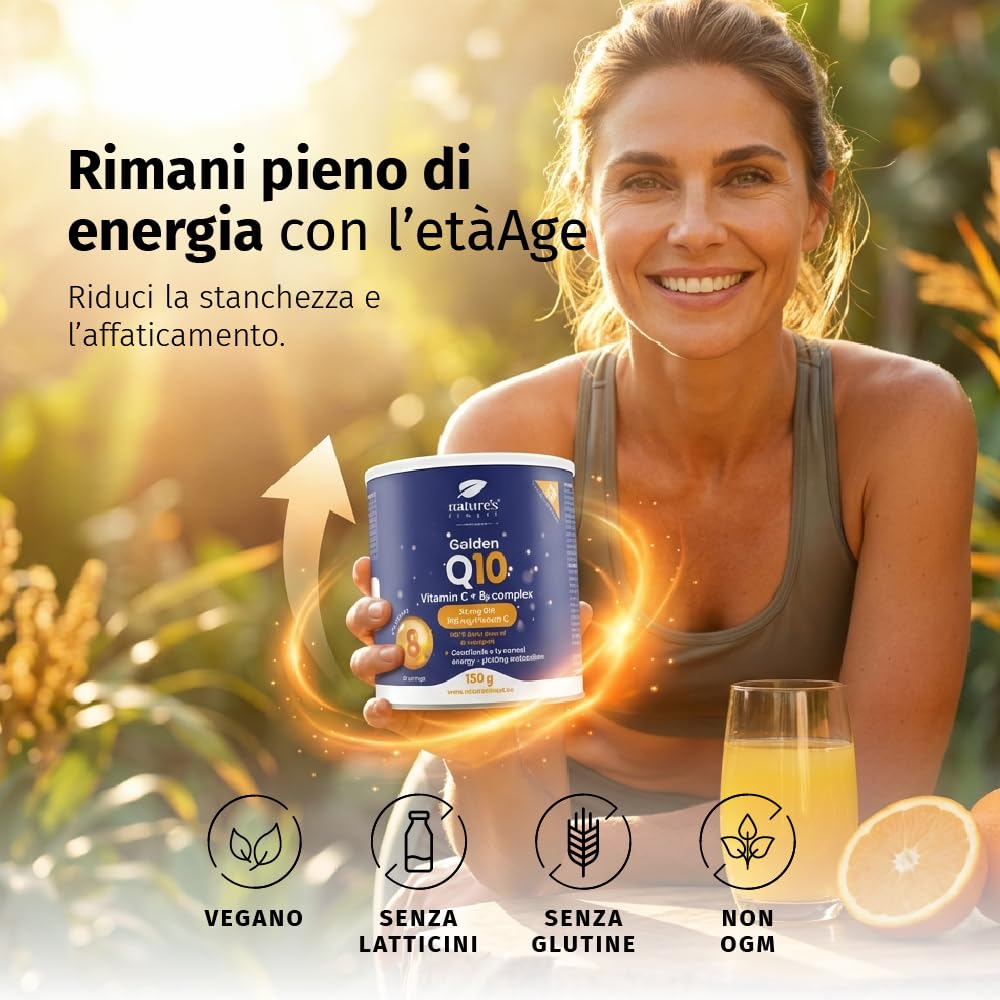 Nature's Finest Golden Q10, 150 g - Coenzima Q10 con Vitamina C in Polvere e Complesso Vitamina B - Integratore Alimentare in Polvere Gusto Arancia