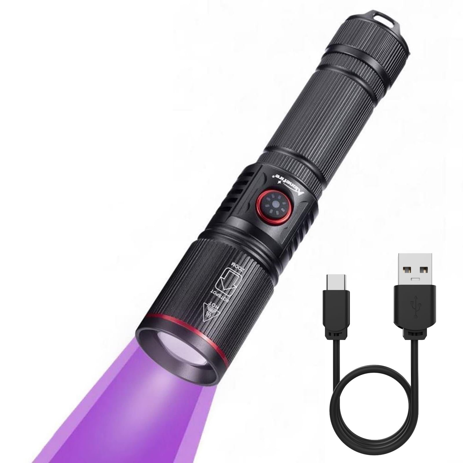 ALONEFIRE SV96 365nm UV Flashlight Zoom 10W Type C USB Rechargeable Black Light Money Detector for Resin Curing, Pet Urine Detection, Scorpion, Fishing, Minerals, Leaks, Cure Glue with Battery
