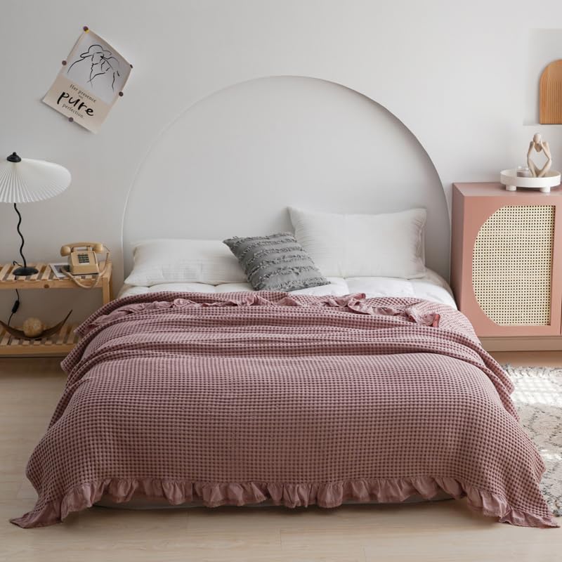 Waffeldecke aus 100% Baumwolle, Rosa, 200x230 cm, mit Rüschen, Ganzjahresdecke für Bett und Sofa (Nussbraun‑Rosa, 200 * 230cm)
