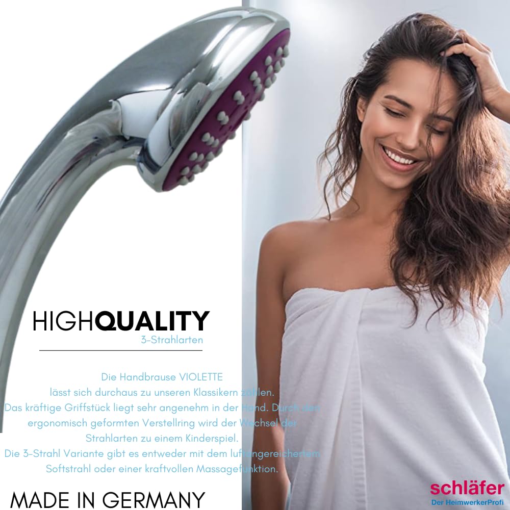 Schläfer Alcachofa de ducha universal 1305100, alcachofa de ducha universal, color violeta, 3 chorros antical, cromo, fabricado en Alemania, ahorro de agua, ducha de lluvia y función de masaje
