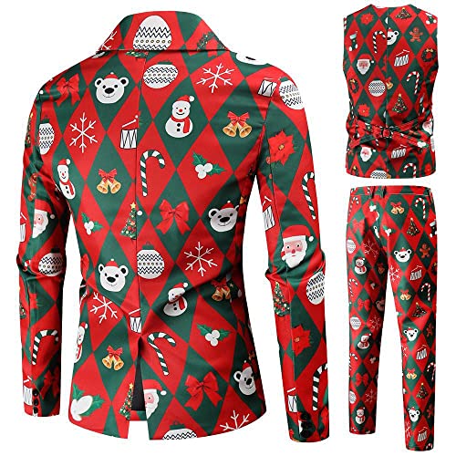 Fun Ugly Christmas Blazer Suit Sets for Men，Bear Bell Candy Printed 3-Piece Jacke Vest and Pants2